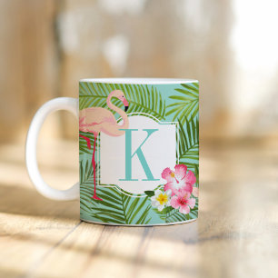 Caneca De Café Tropical Flamingo e Hibiscus Flowers Monograma