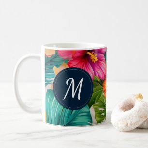 Caneca De Café Tropical Floral Hibiscus Monograma