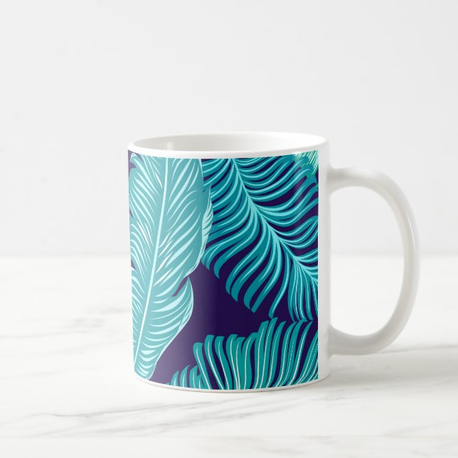 Caneca De Café Tropical Green Blue Leaves Pattern (Direita)