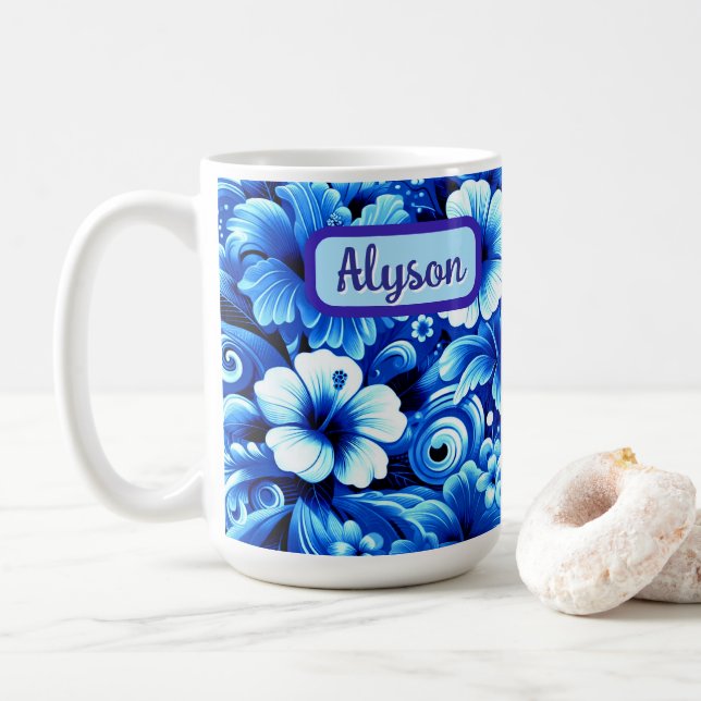 Caneca De Café Tropical Hawaiian Flowers Hibiscus Personalized (Com Donut)