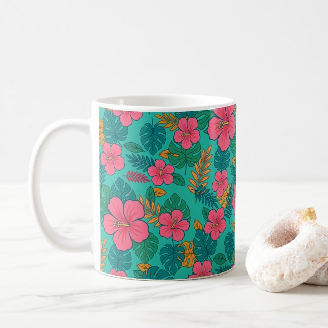 Caneca De Café Tropical Hibiscus and Palm Leaf Pattern  (Com Donut)