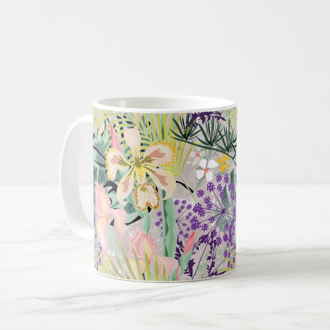 Caneca De Café Tropical pattern with orchids. (Frente Esquerda)