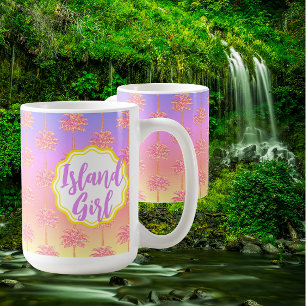 Caneca De Café Tropical Sunset Island Girl Pink Palm Tree Mug