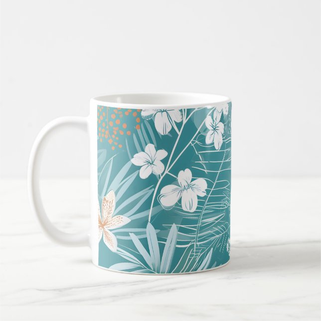 Caneca De Café Tropical Turquoise & Terracotta Hibiscus Floral  (Esquerda)