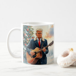 Caneca De Café Trump tocando violão acústico pela árvore de Natal