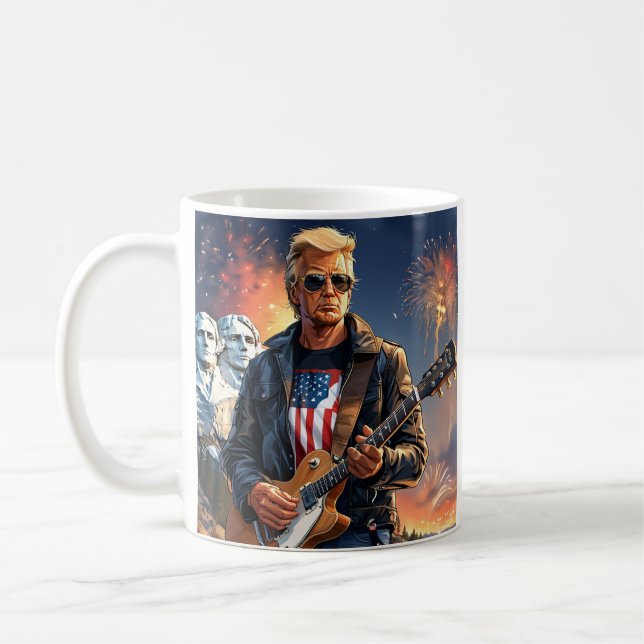 Caneca De Café Trump Tocando Violão Elétrico Monte Rushmore MAGA (Esquerda)