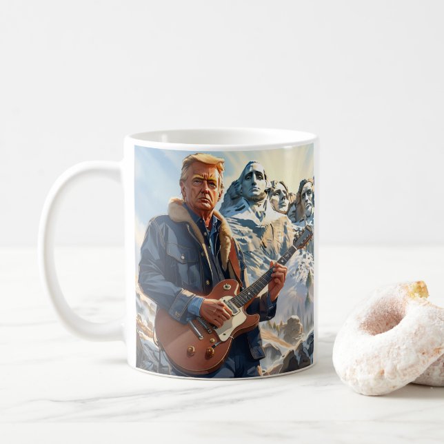 Caneca De Café Trump Tocando Violão Elétrico Monte Rushmore MAGA (Com Donut)