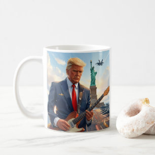 Caneca De Café Trump Tocando Violão Elétrico na Estátua da Liberd