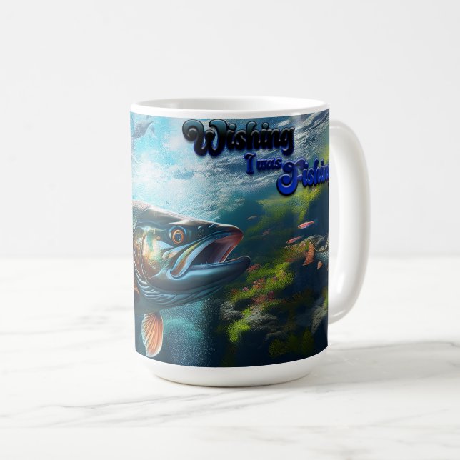 Caneca De Café Truta Arco-Íris "Desejando que eu estava pescando" (Frente Esquerda)