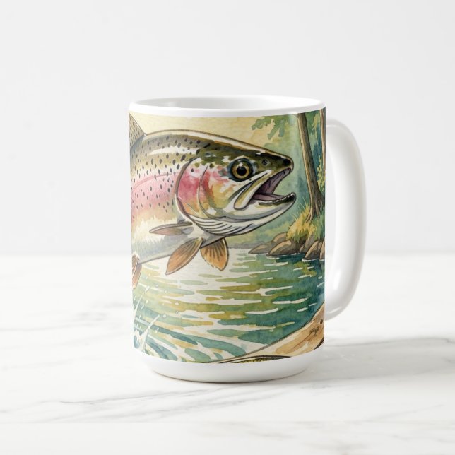 Caneca De Café Truta arco-íris saltando em riacho da floresta aqu (Frente Esquerda)