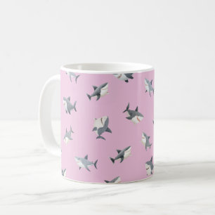 Caneca De Café Tubarões de Aquarela Espalhados em Rosa Claro