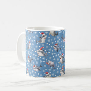 Caneca De Café Tubarões de Natal & Flocos de Neve em Azul