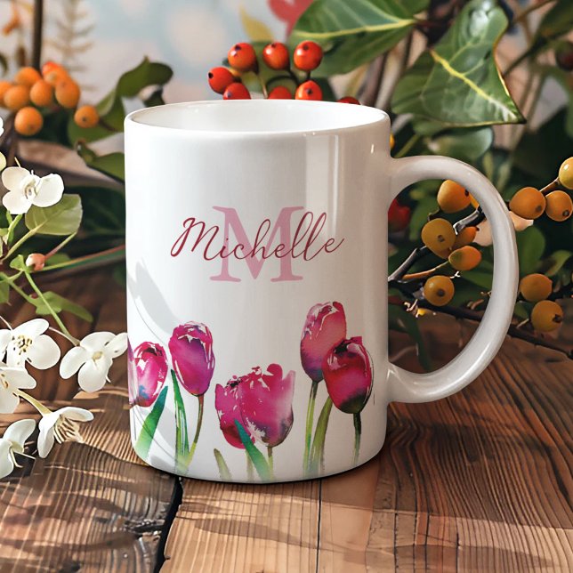 Caneca De Café Tulipa de Monograma Personalizada (Criador carregado)
