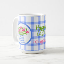 Caneca De Café Tulipas Aquarela Azul Xadrez Feliz Páscoa