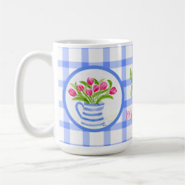 Caneca De Café Tulipas Aquarela Azul Xadrez Feliz Páscoa