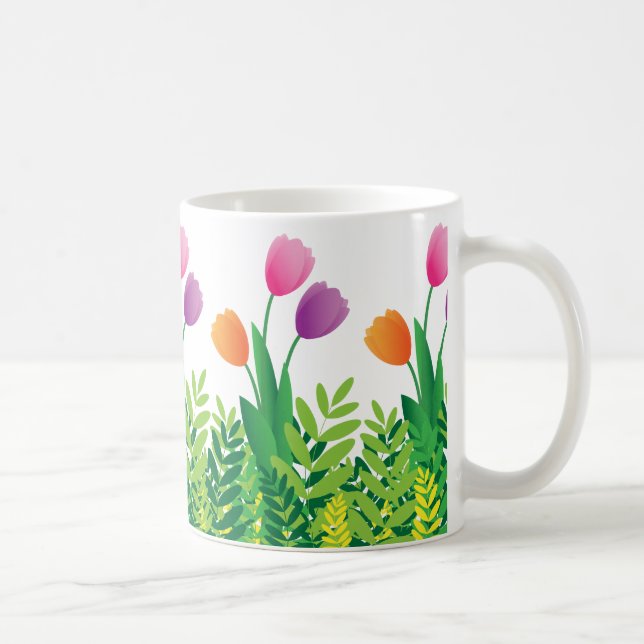 Caneca De Café Tulipas Coloridas e Vegetação Verde (Direita)