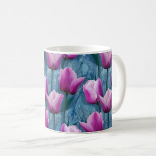 Caneca De Café Tulipas Cor-de-Água Rosa e Estúco Azul
