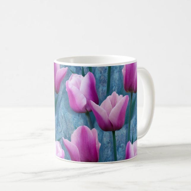 Caneca De Café Tulipas Cor-de-Água Rosa e Estúco Azul (Frente Esquerda)