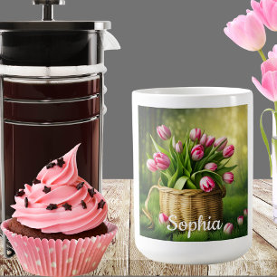 Caneca De Café Tulipas cor-de-rosa no cesto