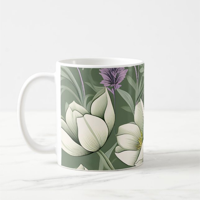 Caneca De Café Tulipas E Lavanda Em Verde (Esquerda)