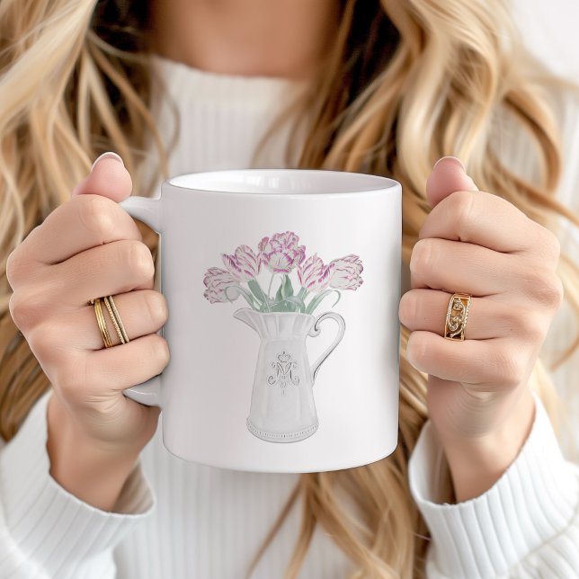 Caneca De Café Tulipas em Jarro de Cerâmica (Pink Tulips in pitcher personalized mug)