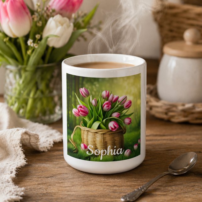 Caneca De Café Tulipas Rosa em Cesto (Criador carregado)