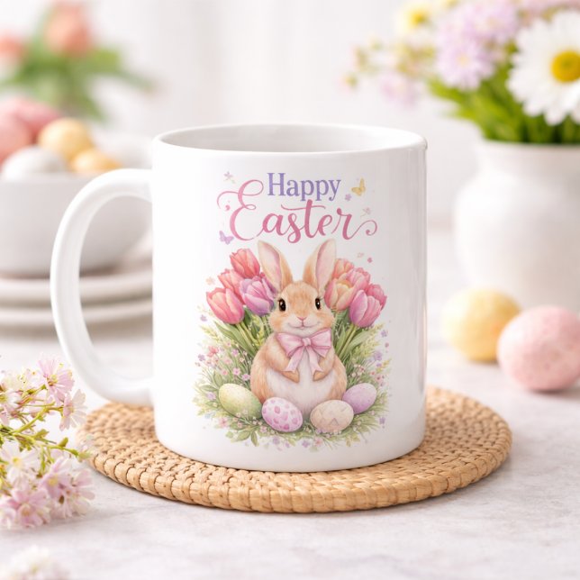 Caneca De Café Tulipas Rosa Pastel Coelho de Páscoa Feliz Páscoa (Criador carregado)