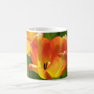 Caneca De Café Tulipas vermelhas e amarelas no jardim de primaver