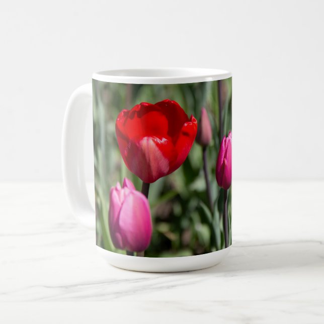 Caneca De Café Tulipas vermelhas e roxas delicadas  (Frente Esquerda)