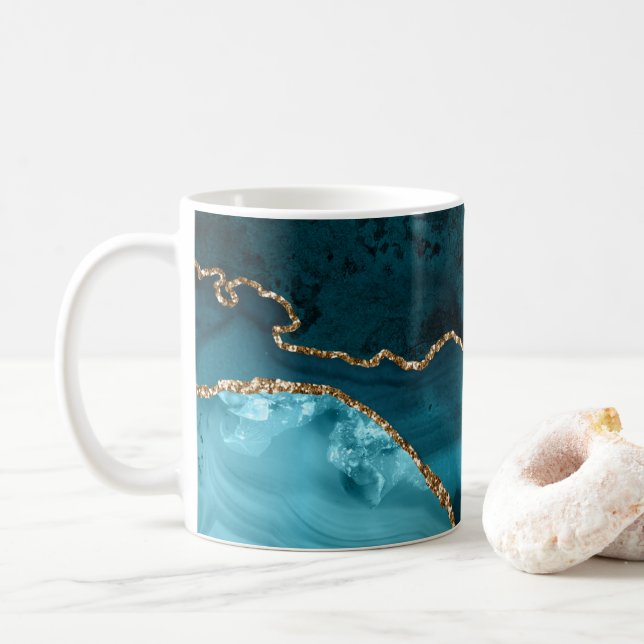 Caneca De Café Turquesa - Ágata Verde-azulada e Dourada (Com Donut)