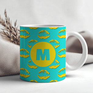 Caneca De Café Turquesa & Amarelo XOXO Lábios Beijando Personaliz
