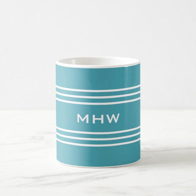 Caneca De Café Turquesa Bandas de monograma personalizadas (Centro)