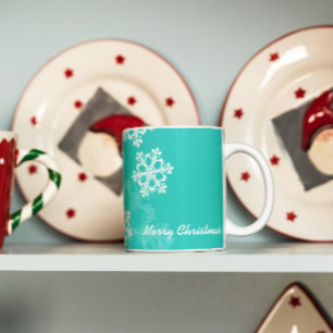 Caneca De Café Turquesa branca e flocos de neve de Natal brancos