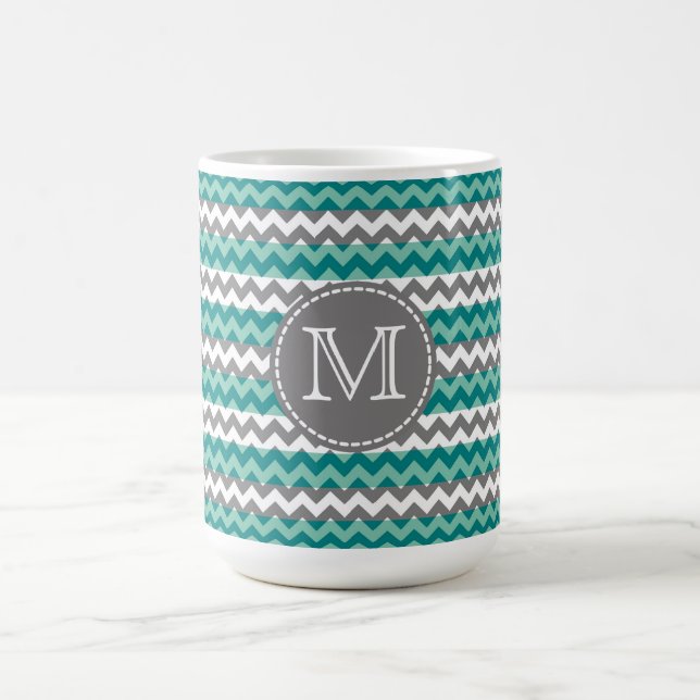 Caneca De Café Turquesa e Cinza Chevron Zigzag Monograma (Centro)