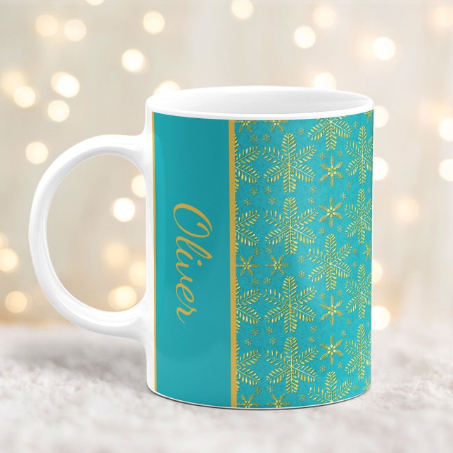 Caneca De Café Turquesa e Flocos de Neve Dourados (Criador carregado)