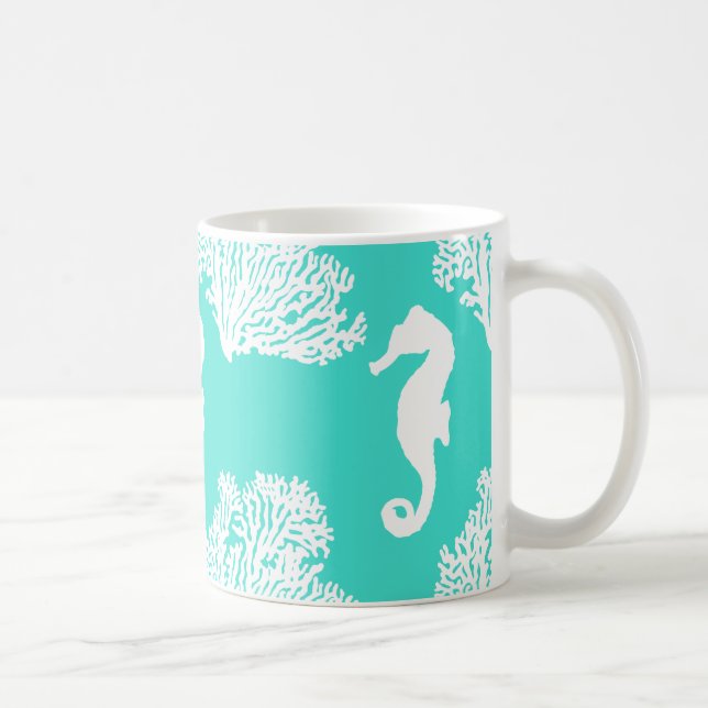 Caneca De Café Turquesa E Padrões Costeiros De Cavalo-Marinho Bra (Direita)