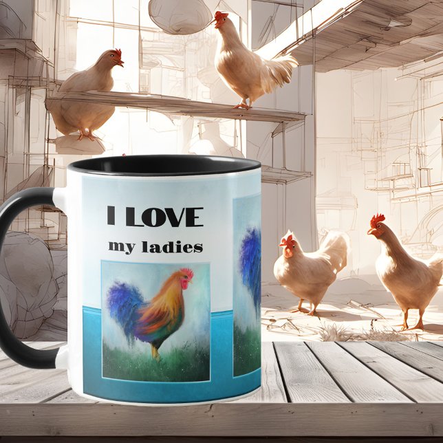 Caneca De Café Turquesa Engraçado (Funny mug featuring a turquoise and light blue design with original paintings of a rooster.)