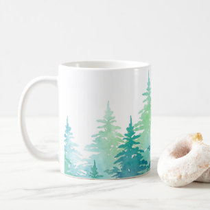 Caneca De Café Turquesa Verde Aquarela Evergreen Trees