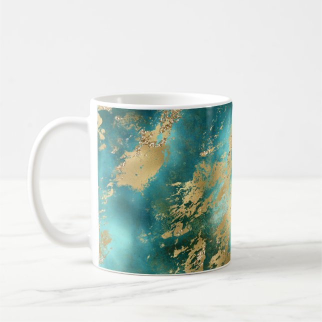 Caneca De Café Turquesa Verde Mármore Dourado  (Esquerda)