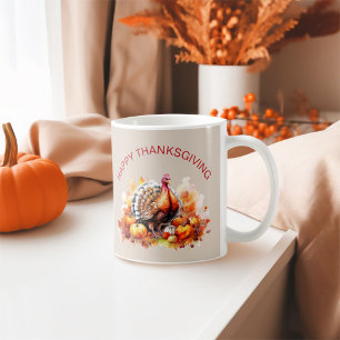 Caneca De Café Turquia e Pumpkins em Ação de Graças de Aquarela