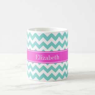 Caneca De Café Turquoise Whevron Hot Pink Name Monograma