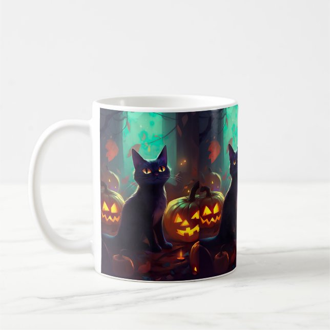 Caneca De Café Tuxedo Gato De Halloween Com Pumpkins Assustado (Esquerda)