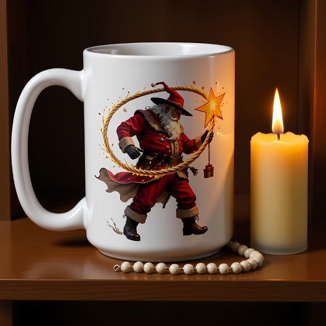 Caneca De Café Twirling Lasso Cowboy Santa (Criador carregado)