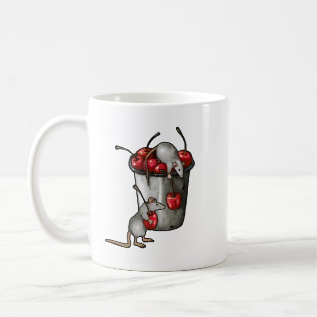 Caneca De Café Two MICE Stealing Cherries, Bucket of Cherries Art (Esquerda)