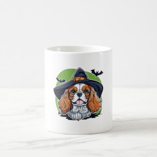 Caneca De Café Um cachorro usando um chapéu de bruxa com morcegos