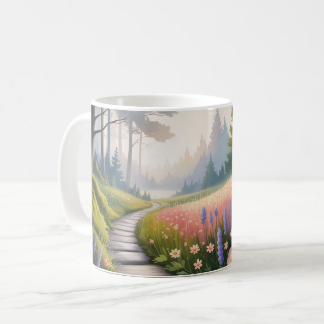 Caneca De Café Um caminho entre árvores florestais e flores silve (Frente Esquerda)