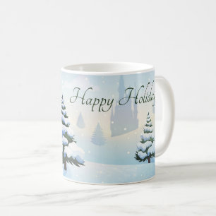 Caneca De Café Um dia de inverno com uma árvore de Natal coberta