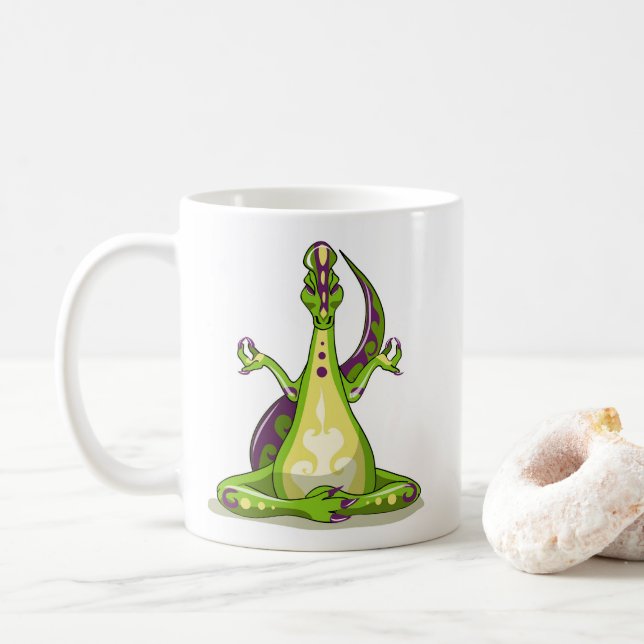 Caneca De Café Um Dinossauro Iguanodon Fazendo Yoga. (Com Donut)