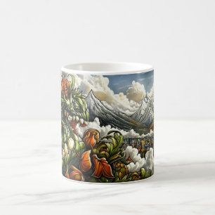 Caneca De Café Um dragão verde com dentes afiados e flores laranj