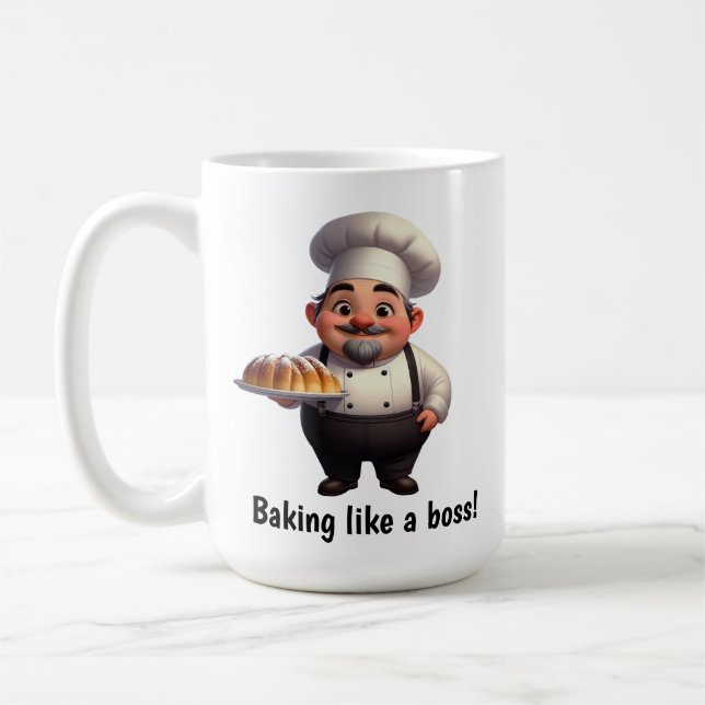 Caneca De Café Um Feliz Chef de Pastelaria Posicionando a Câmera (Esquerda)